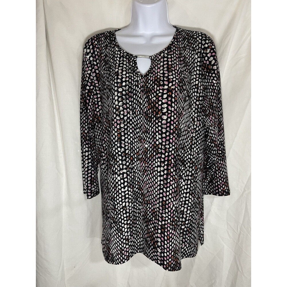 NWT Emily Daniels XL Sequin Tunic Top - Black Pink Abstract Pattern Stretch
